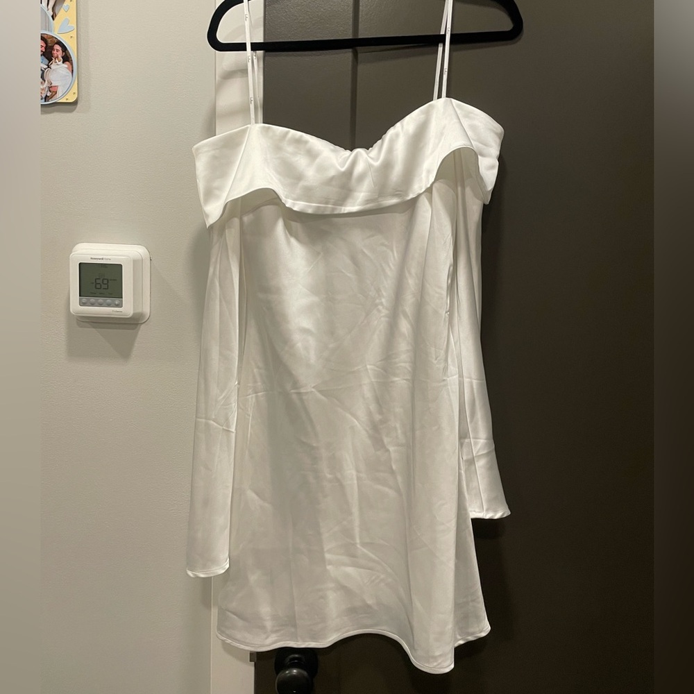 Satin off the shoulder mini dress